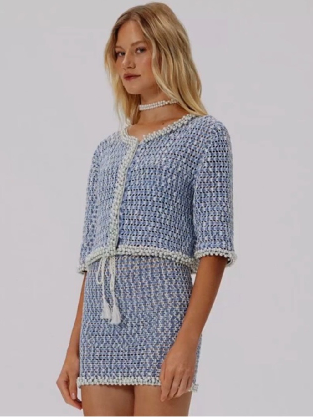 Light Blue Crochet Three-Piece Set with White Pearl Trim #126